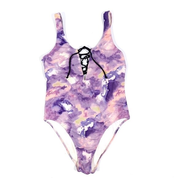 PINK Victorias Secret Lace Up Tie Dye One Piece Swimsuit boho Purple Haze Small - Picture 1 of 10